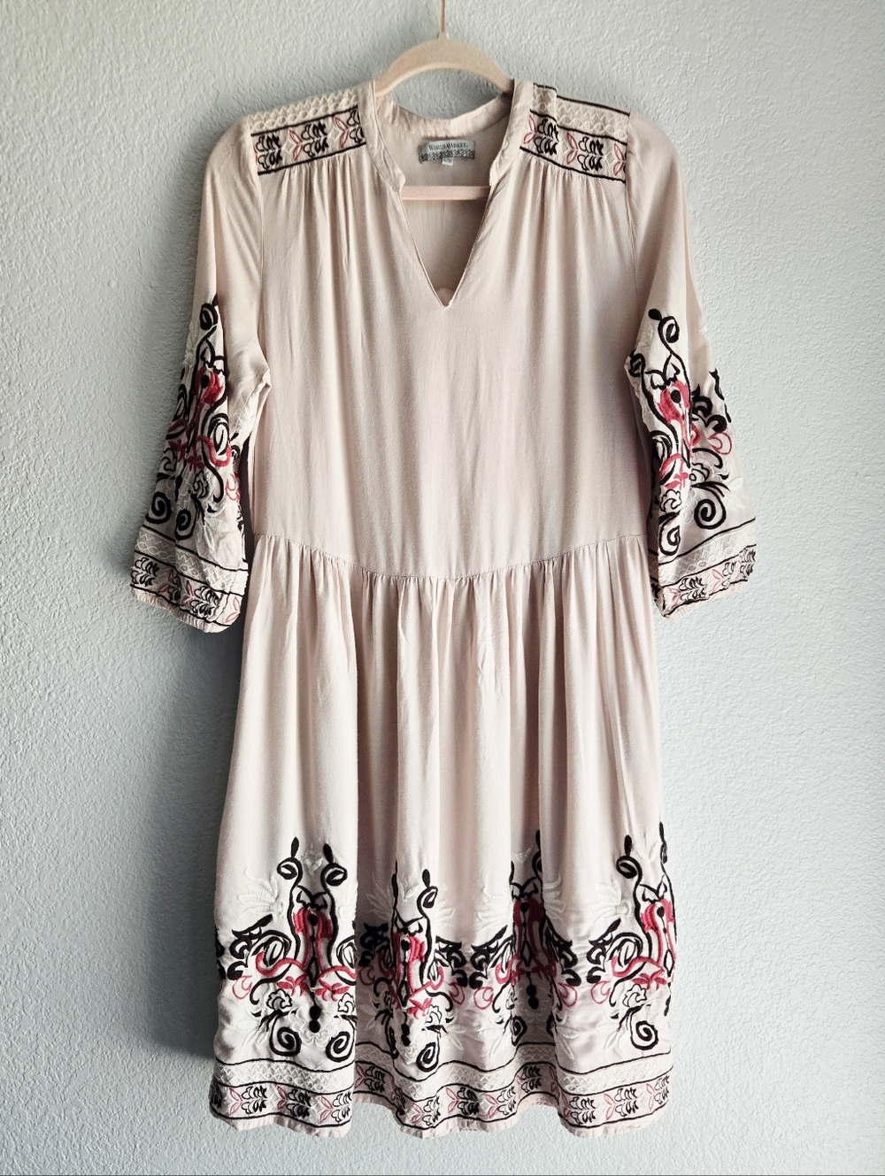World Market Imports Soft Pink Boho Western Embroidered V Neck Dress Pockets S/M